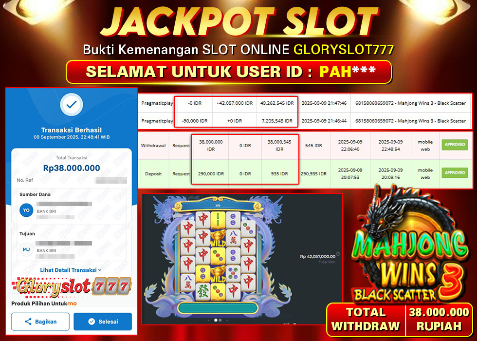 GLORYSLOT777 JACKPOT SLOT MAHJONG WINS BLACK SCATTER 3 Rp 38.000.000,- LUNAS