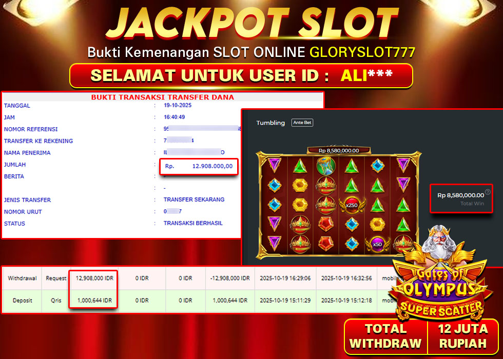 GLORYSLOT777 JACKPOT SLOT GATES OF OLYMPUS SUPER SCATTER Rp 12.908.000.,- LUNAS