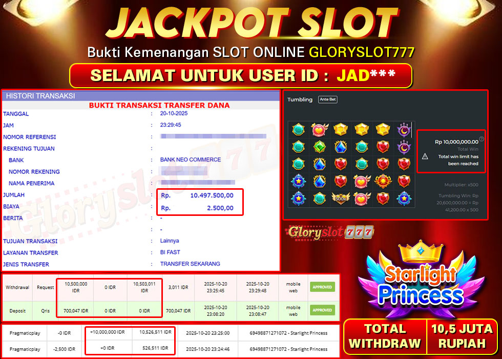 GLORYSLOT777 JACKPOT SLOT STARLIGHT PRINCESS Rp 10.500.000.,- LUNAS