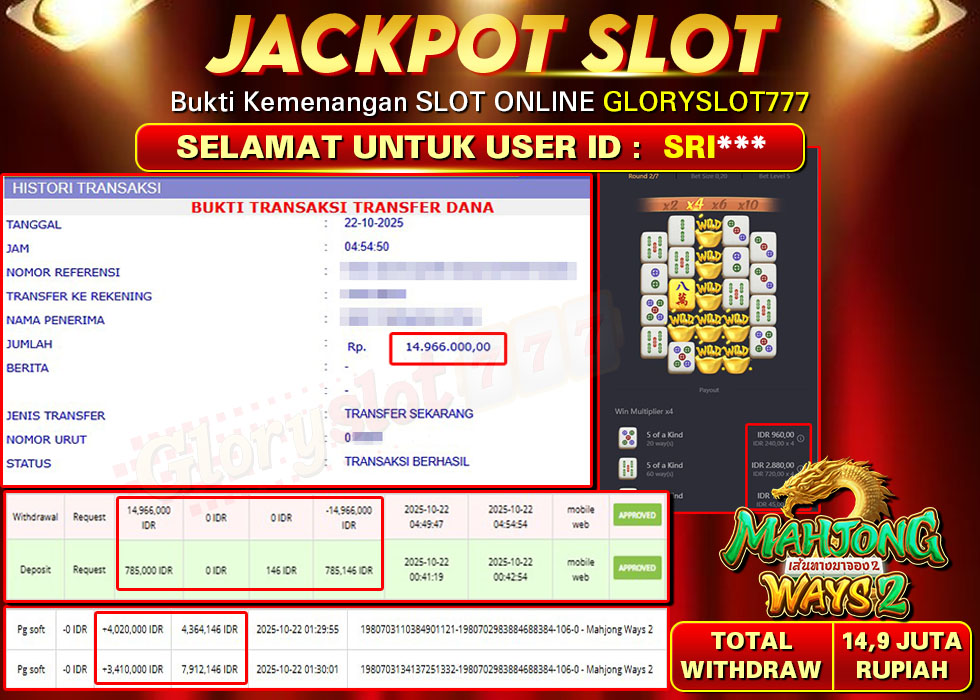 GLORYSLOT777 JACKPOT SLOT MAHJONG WAYS 2 Rp 14.996.000.,- LUNAS