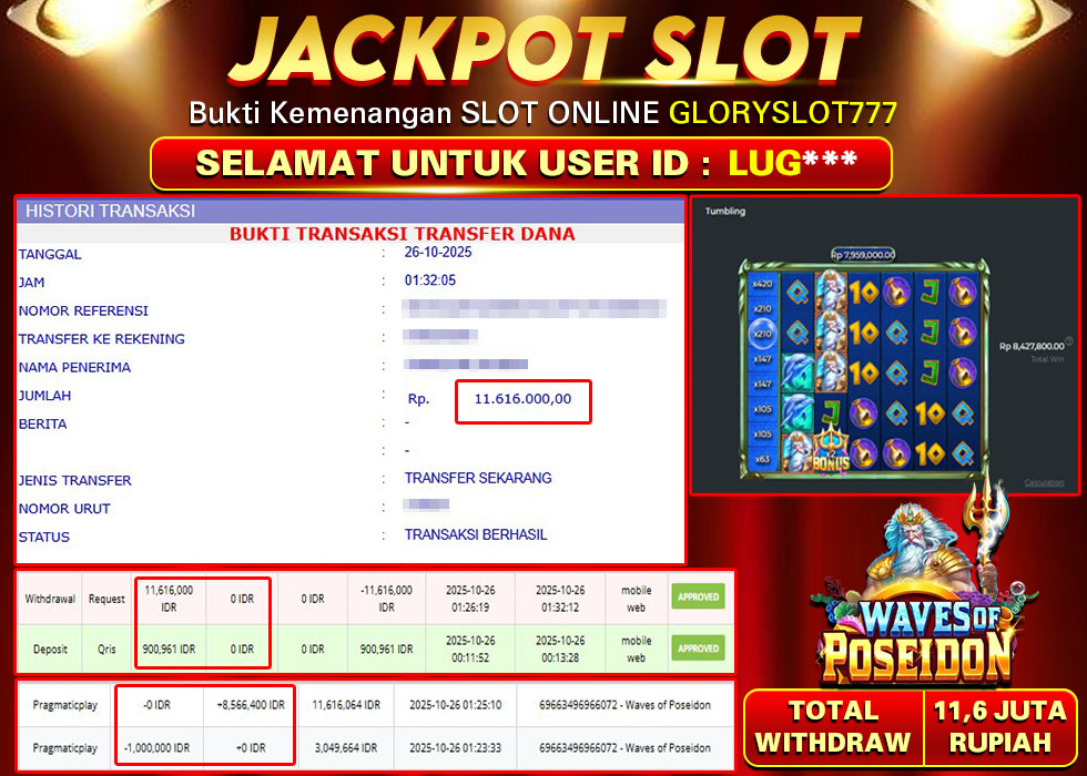 GLORYSLOT777 JACKPOT SLOT WAVES OF POSEIDON Rp 11.616.000.,- LUNAS