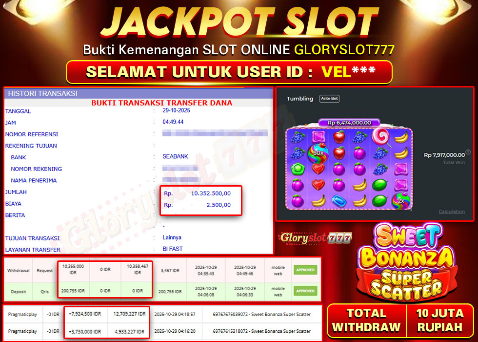 GLORYSLOT777 JACKPOT SLOT SWEET BONANZA SUPER SCATTER Rp 10.355.000.,- LUNAS