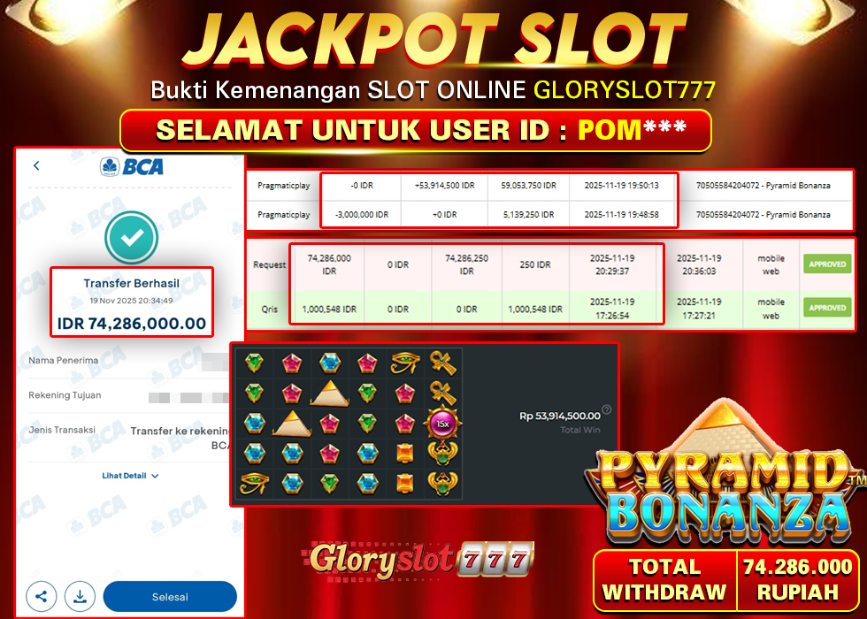 GLORYSLOT777 JACKPOT SLOT PYRAMID BONANZA Rp 74.286.000,- LUNAS