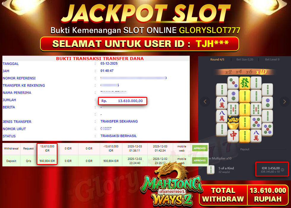 GLORYSLOT777 JACKPOT SLOT MAHJONG WAYS 2 Rp 13.610.000,- LUNAS