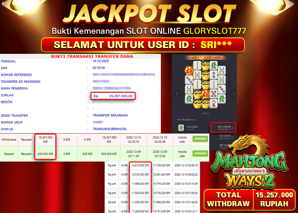 GLORYSLOT777 JACKPOT SLOT MAHJONG WAYS 2 Rp 15.257.000,- LUNAS