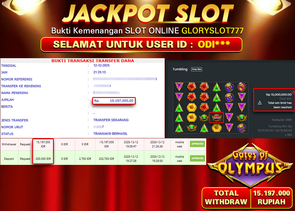 GLORYSLOT777 JACKPOT SLOT GATES OF OLYMPUS Rp 15.197.000.,- LUNAS