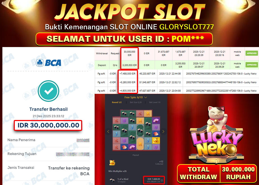 GLORYSLOT777 JACKPOT SLOT LUCKY NEKO Rp 30.000.000,- LUNAS