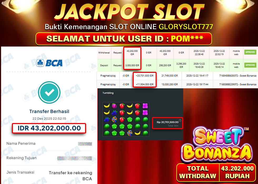 GLORYSLOT777 JACKPOT SLOT SWEET BONANZA Rp 43.202.000,- LUNAS