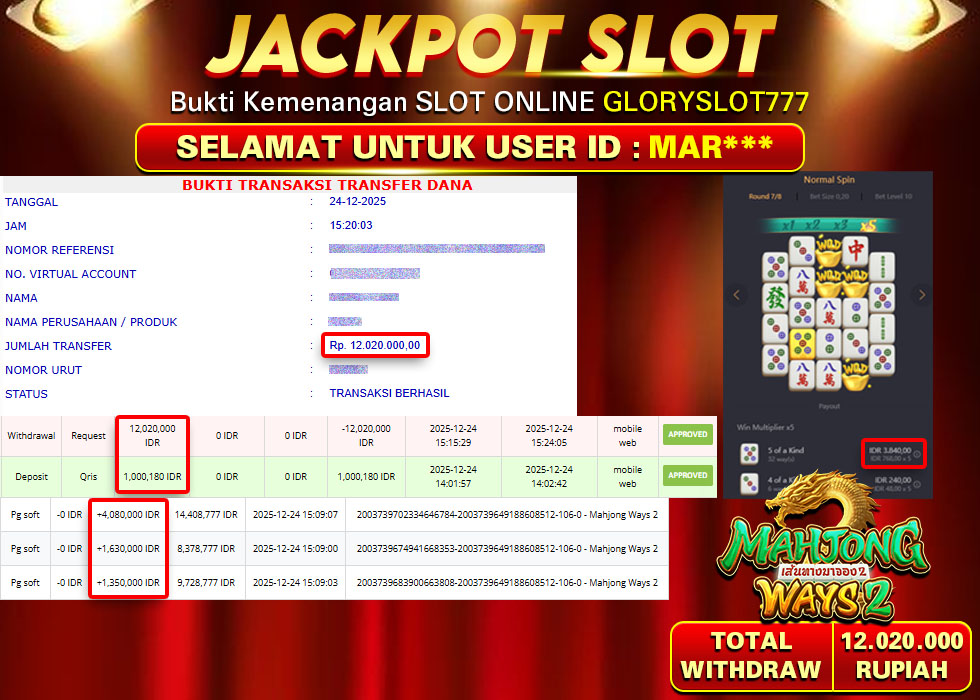 GLORYSLOT777 JACKPOT SLOT MAHJONG WAYS 2 Rp 12.020.000,- LUNAS