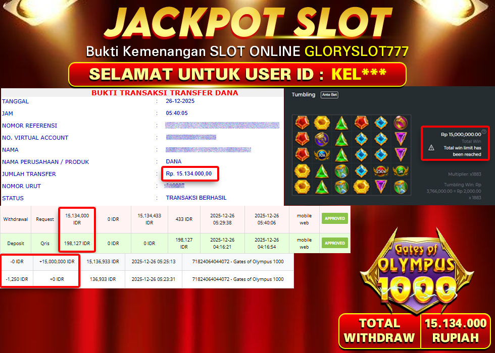GLORYSLOT777 JACKPOT SLOT GATES OF OLYMPUS 1000 Rp 15.134.000,- LUNAS
