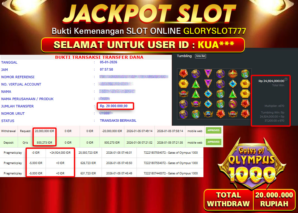GLORYSLOT777 JACKPOT SLOT GATES OF OLYMPUS 1000 Rp 20.000.000,- LUNAS