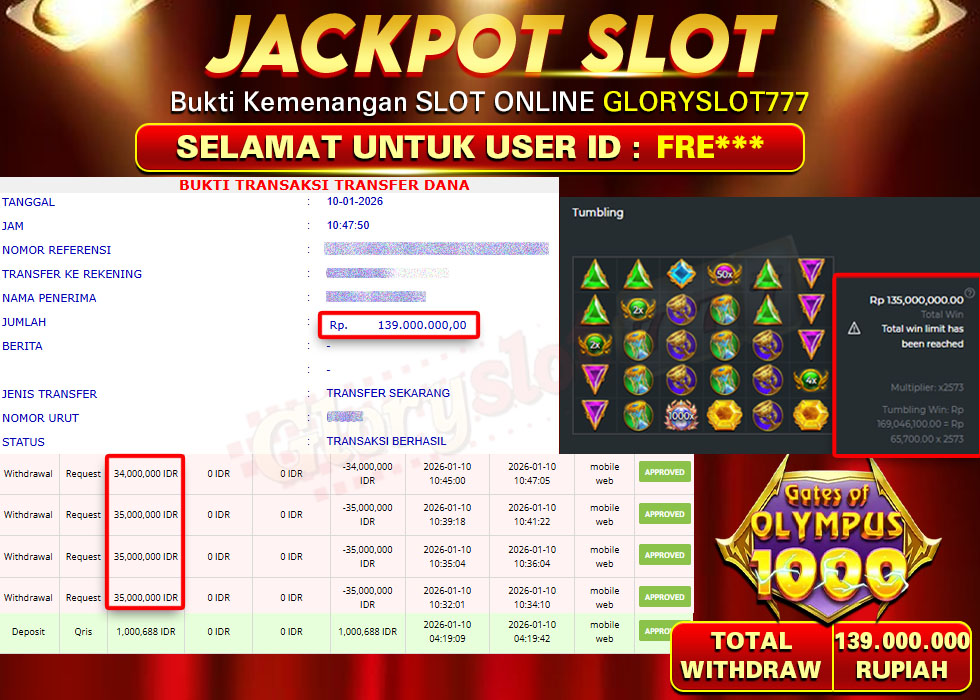 GLORYSLOT777 JACKPOT SLOT GATES OF OLYMPUS 1000 Rp 139.000.000,- LUNAS