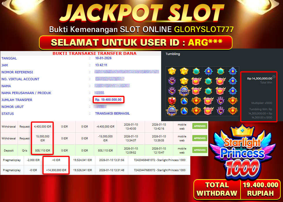 GLORYSLOT777 JACKPOT SLOT STARLIGHT PRINCESS 1000 Rp 19.400.000,- LUNAS
