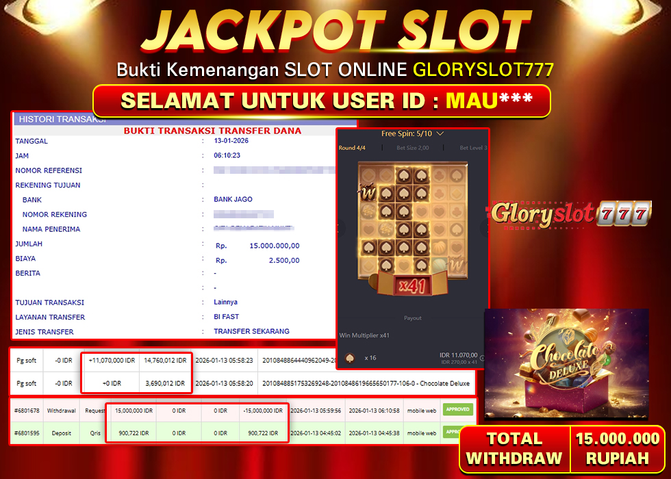 GLORYSLOT777 JACKPOT SLOT CHOCOLATE DELUXE Rp 15.000.000,- LUNAS