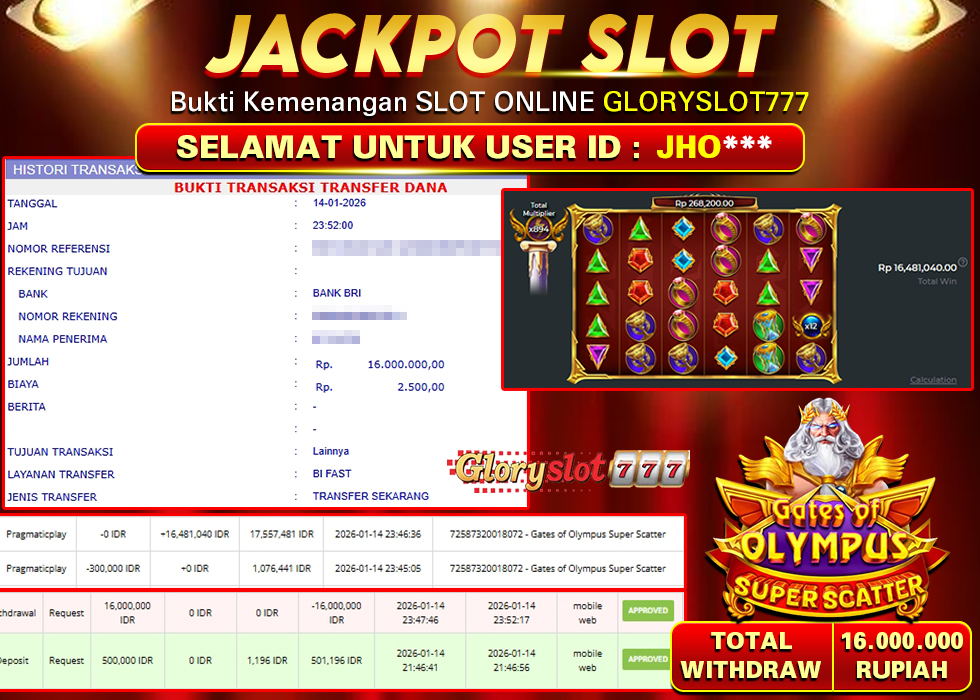 GLORYSLOT777 JACKPOT SLOT GATES OF OLYMPUS SUPER SCATTER Rp 16.000.000,- LUNAS