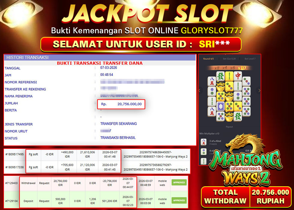 GLORYSLOT777 JACKPOT SLOT MAHJONG WAYS 2 Rp 20.756.000,-  LUNAS