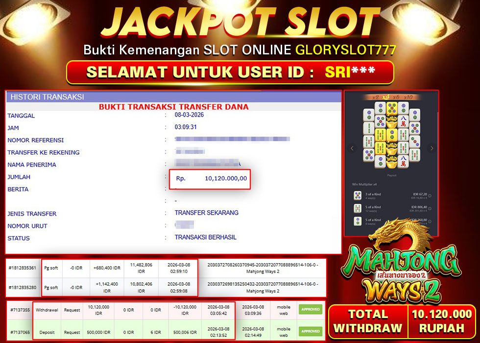 GLORYSLOT777 JACKPOT SLOT MAHJONG WAYS 2 Rp 10.120.000,-  LUNAS