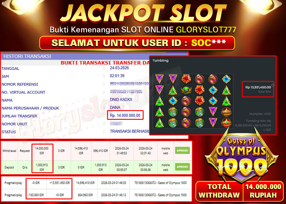 GLORYSLOT777 JACKPOT SLOT GATES OF OLYMPUS 1000 Rp 14.000.000,- LUNAS