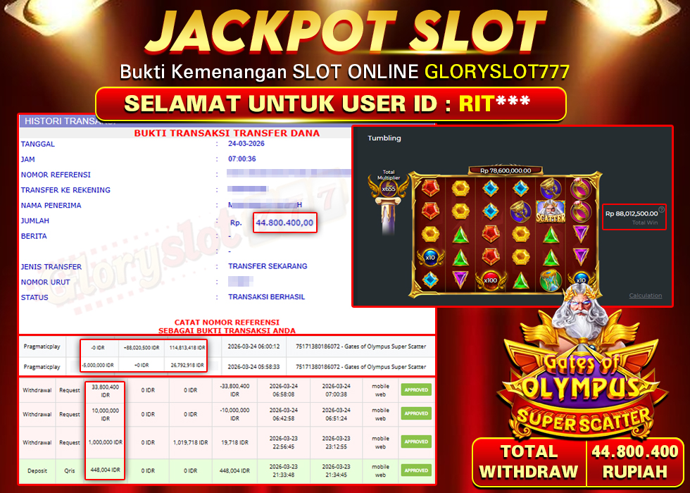 GLORYSLOT777 JACKPOT SLOT Gates of Olympus Super Scatter Rp 44.800.400,-  LUNAS