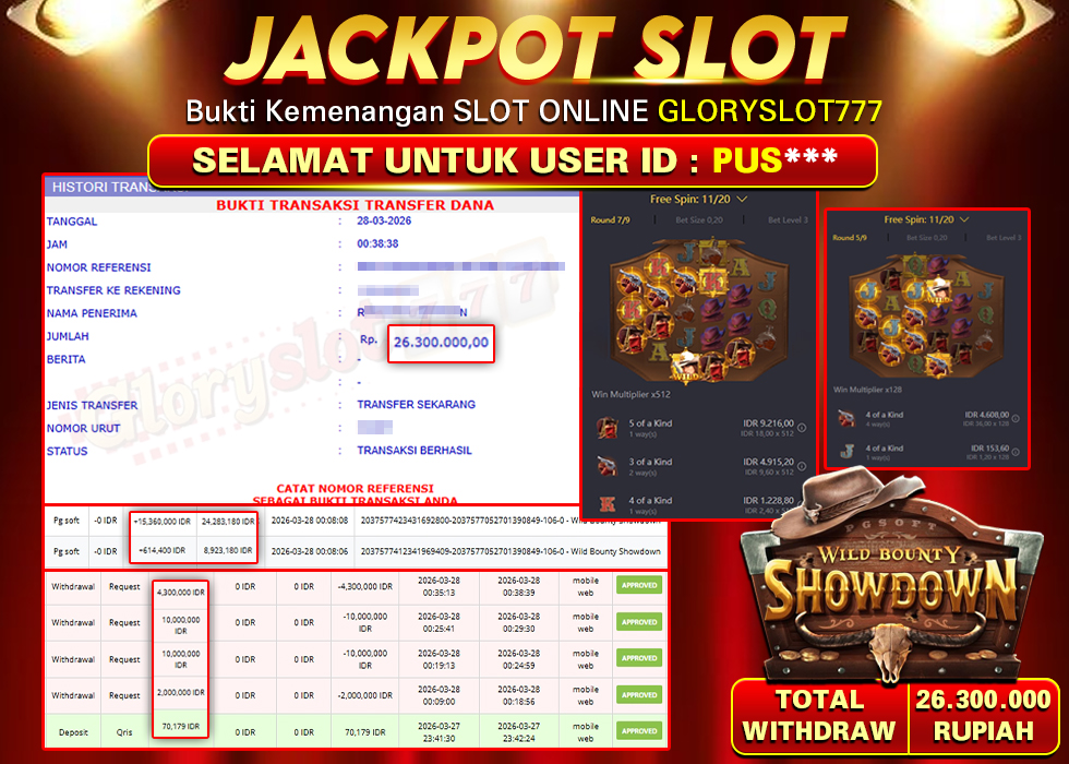 GLORYSLOT777 JACKPOT SLOT WILD BOUNTY SHOWDOWN Rp 26.300.000,-  LUNAS