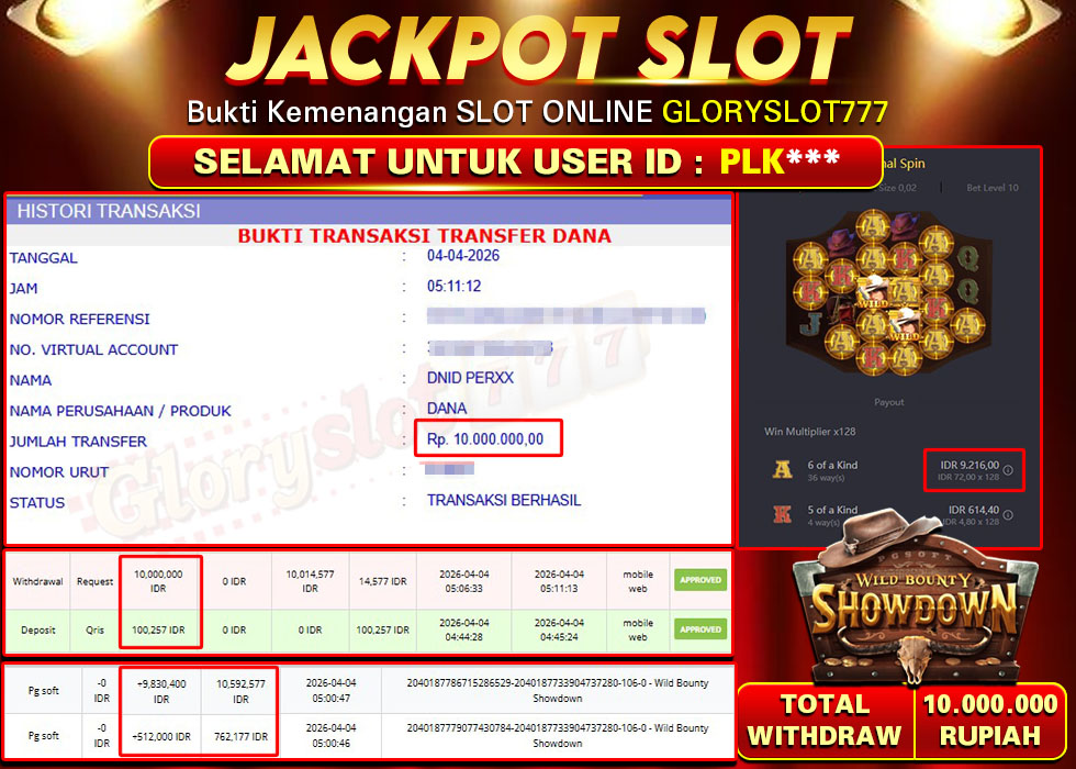 GLORYSLOT777 JACKPOT SLOT WILD BOUNTY SHOWDOWN Rp 10.000.000,- LUNAS