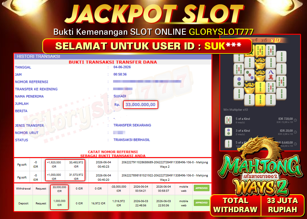 GLORYSLOT777 JACKPOT SLOT MAHJONG WAYS 2 Rp 33.000.000,- LUNAS