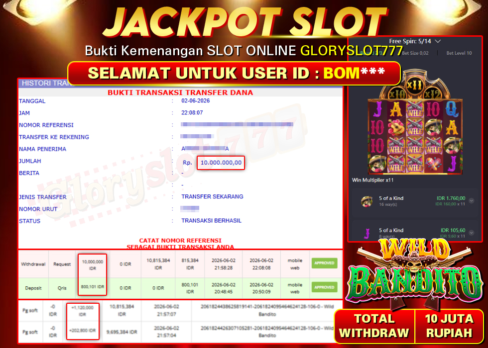 GLORYSLOT777 JACKPOT SLOT WILD BANDITO Rp 10.000.000- LUNAS