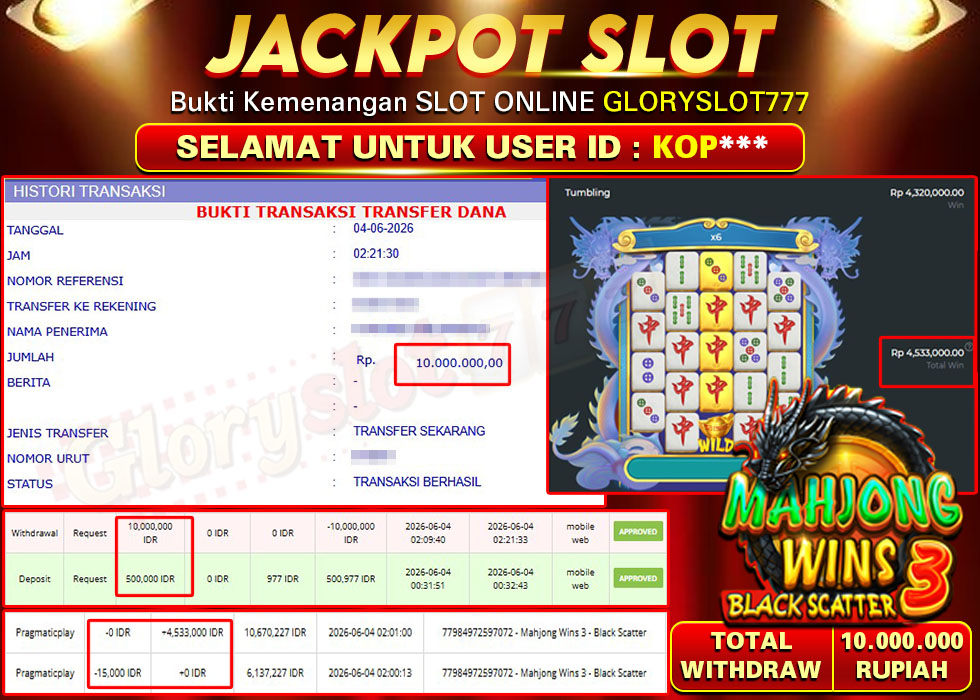 GLORYSLOT777 JACKPOT SLOT MAHJONG WINS 3 BLACK SCATTER Rp 10.000.000,- LUNAS