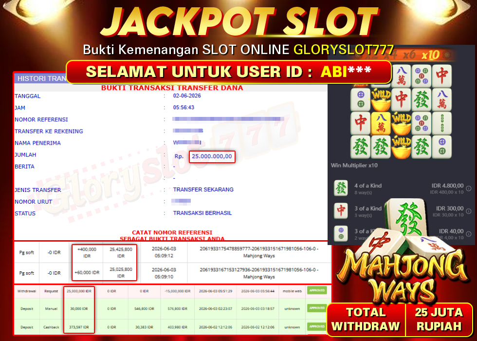GLORYSLOT777 JACKPOT SLOT MAHJONG WAYS Rp 25.000.000,- LUNAS