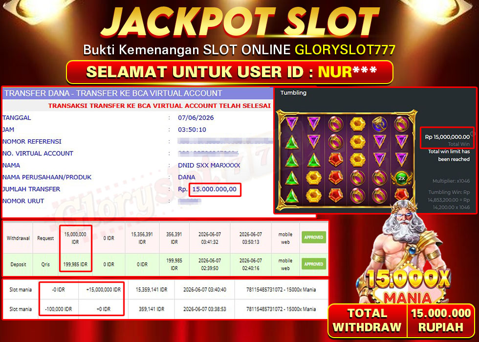 GLORYSLOT777 JACKPOT SLOT 15.000X MANIA SLOT MANIA Rp 15.000.000,- LUNAS
