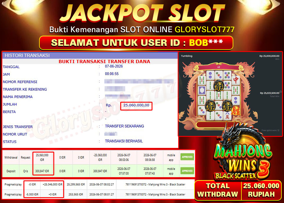 GLORYSLOT777 JACKPOT SLOT MAHJONG WINS 3 BLACK SCATTER Rp 25.060.000,- LUNAS