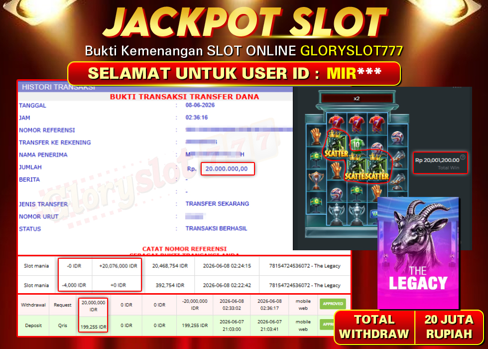 GLORYSLOT777 JACKPOT THE LEGACY Rp 20.000.000,- LUNAS