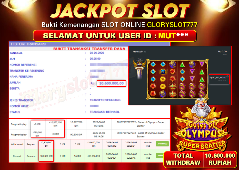GLORYSLOT777 JACKPOT SLOT GATES OF OLYMPUS SUPER SCATTER Rp 10.600.000,- LUNAS