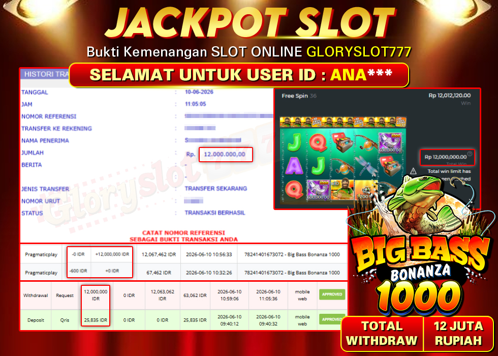 GLORYSLOT777 JACKPOT SLOT BIG BASS BONANZA 1000 Rp 12.000.000,- LUNAS Dengan bukti pembayaran in