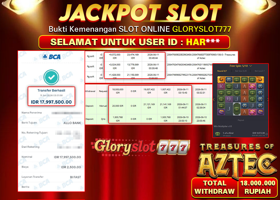 GLORYSLOT777 JACKPOT SLOT TREASURES OF AZTEC Rp 18.000.000,-  LUNAS