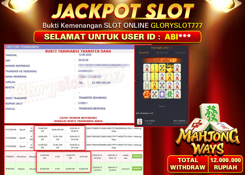 GLORYSLOT777 JACKPOT SLOT MAHJONG WAYS Rp 12.000.000,-  LUNAS