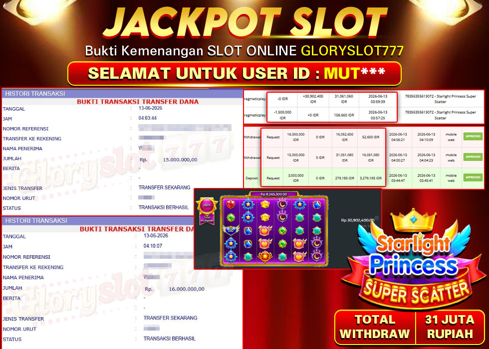 GLORYSLOT777 JACKPOT SLOT STARLIGHT PRINCESS SUPER SCATTER Rp 31.000.000,- LUNAS