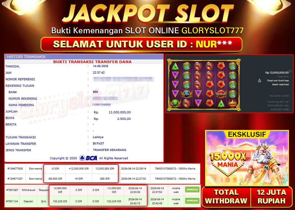 GLORYSLOT777 JACKPOT SLOT 15.000X MANIA Rp 12.000.000,- LUNAS