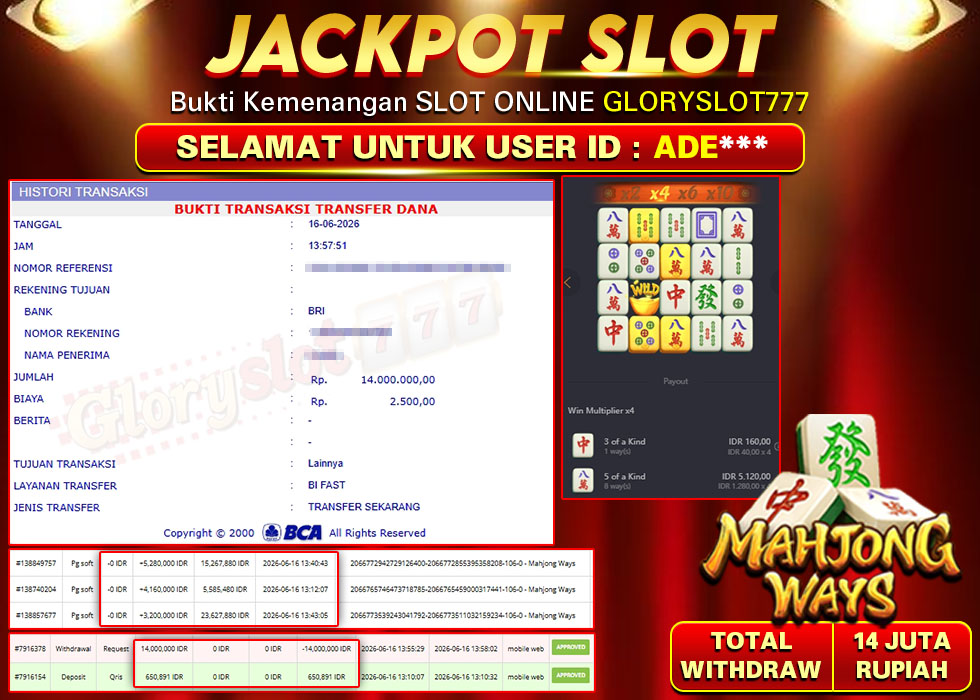 GLORYSLOT777 JACKPOT SLOT MAHJONG WAYS Rp 14.000.000,- LUNAS