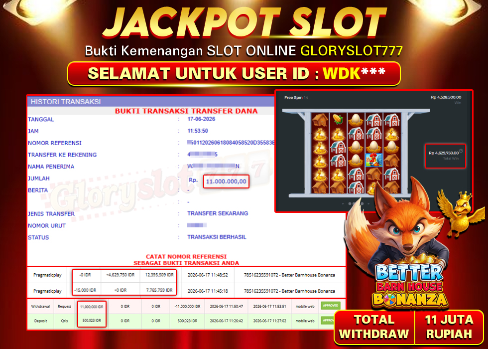 GLORYSLOT777 JACKPOT SLOT BETTER BARNHOUSE BONANZA Rp 11.000.000,- LUNAS