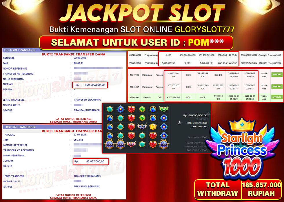 GLORYSLOT777 JACKPOT SLOT STARLIGHT PRINCESS 1000 Rp 185.857.000,- LUNAS