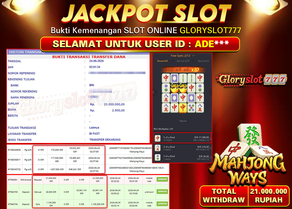 GLORYSLOT777 JACKPOT SLOT MAHJONG WAYS Rp 21.000.000,- LUNAS
