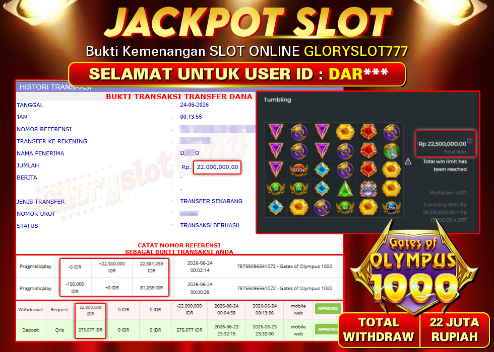 GLORYSLOT777 JACKPOT GATES OF OLYMPUS 1000 Rp 22.000.000,- LUNAS