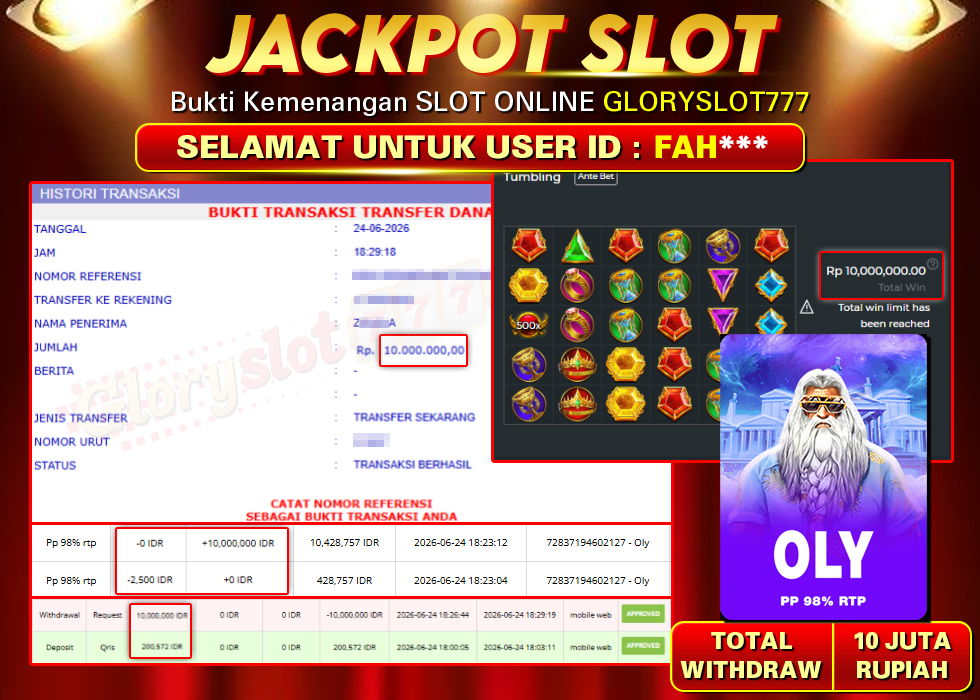 GLORYSLOT777 JACKPOT OLY Rp 10.000.000,- LUNAS