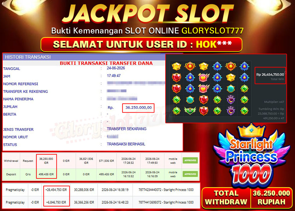 GLORYSLOT777 JACKPOT SLOT STARLIGHT PRINCESS 1000 Rp 36.250.000,- LUNAS