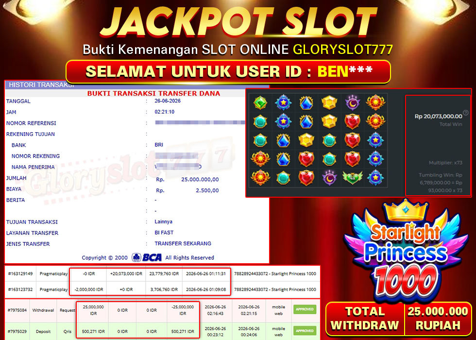 GLORYSLOT777 JACKPOT SLOT STARLIGHT PRINCESS 1000 Rp 25.000.000,- LUNAS