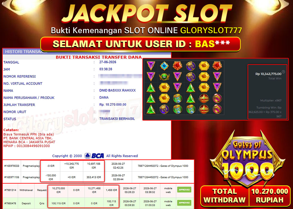 GLORYSLOT777 JACKPOT SLOT GATES OF OLYMPUS 1000 Rp 10.270.000,- LUNAS