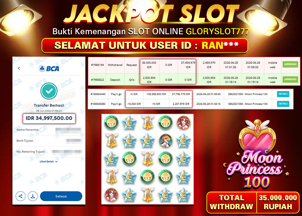 GLORYSLOT777 JACKPOT SLOT MOON PRINCESS 100 Rp 35.000.000,- LUNAS