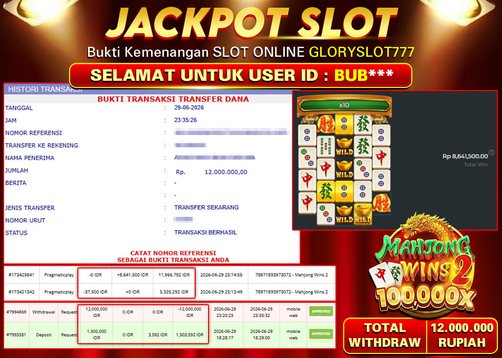 GLORYSLOT777 JACKPOT SLOT MAHJONG WINS 2 Rp 12.000.000,- LUNAS