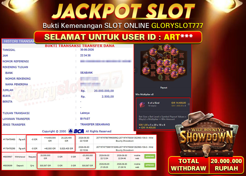 GLORYSLOT777 JACKPOT SLOT WILD BOUNTY SHOWDOWN Rp 20.000.000,- LUNAS
